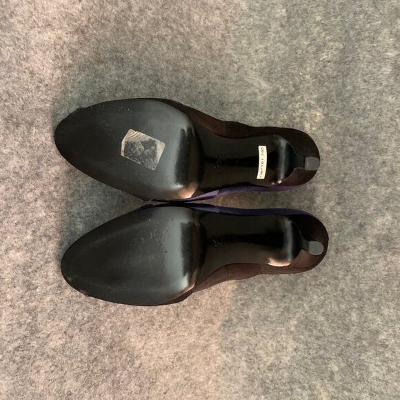 Bruno Frisoni Paris Women’s Blue and Black Satin Heel Leather Sole Pump Shoes - Picture 11 of 11